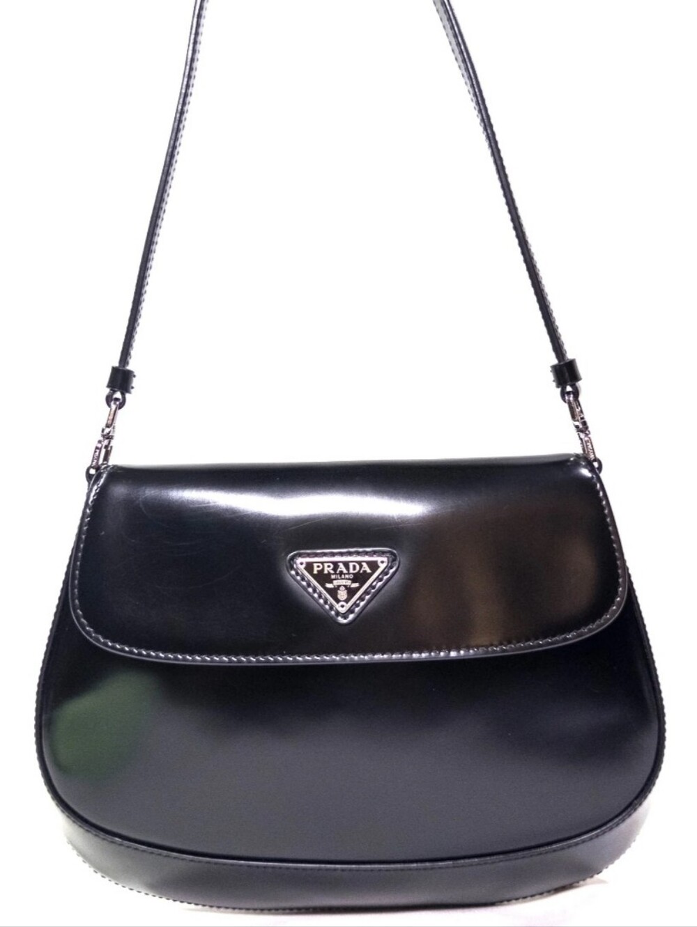 Prada Black Brushed Leather Mini Cleo Shoulder Bag with Logo Plaque